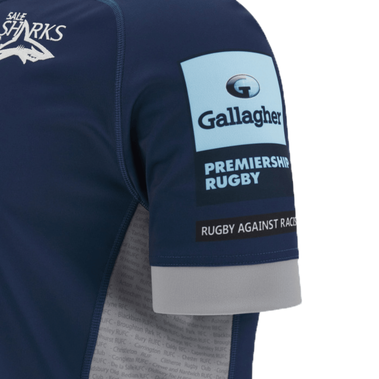 An official Sale Sharks rugby shirt with the Sale Sharks Home Jersey 23/24 by Macron logo on the front.