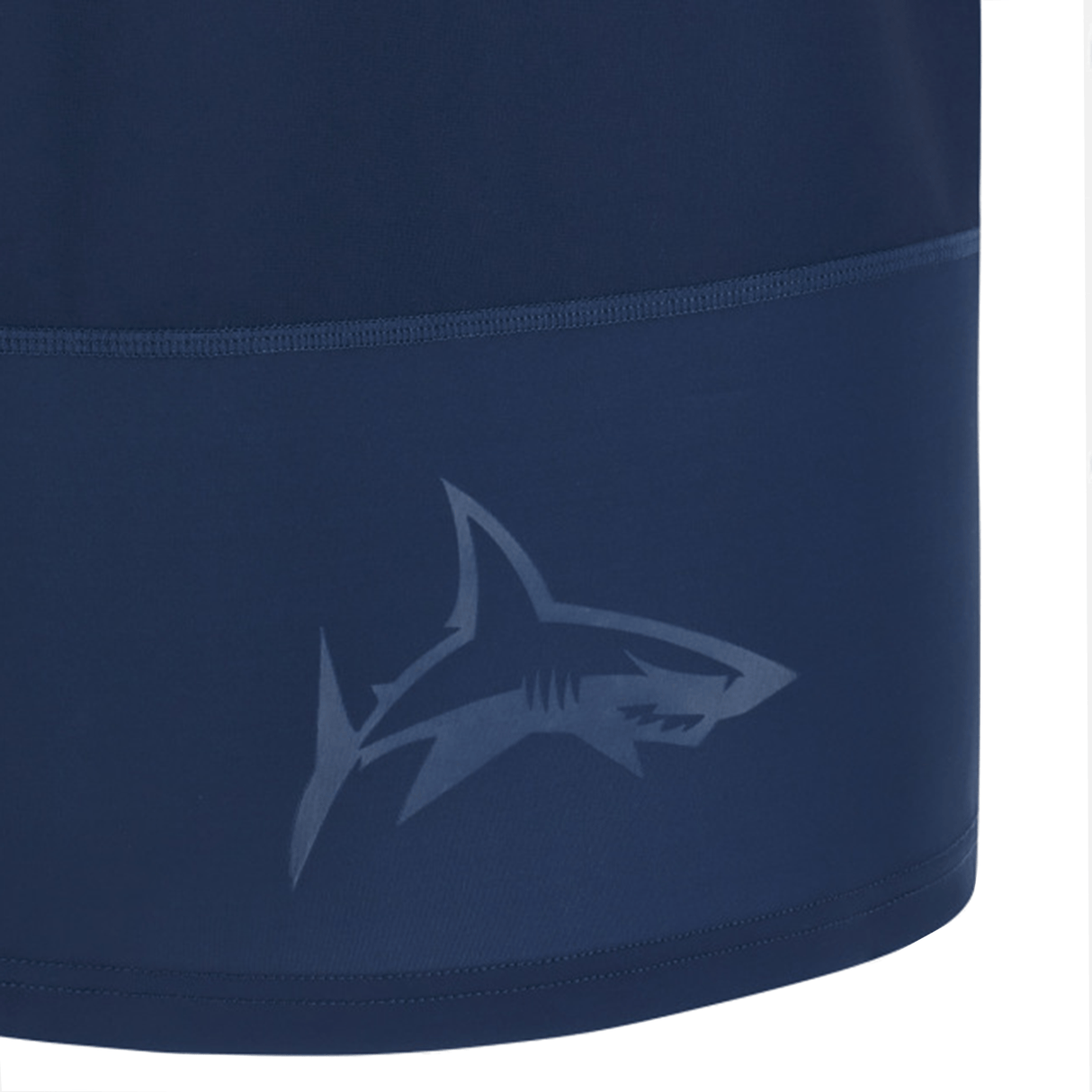 An official Sale Sharks Home Jersey 23/24 by Macron, featuring a blue shirt with a shark logo.