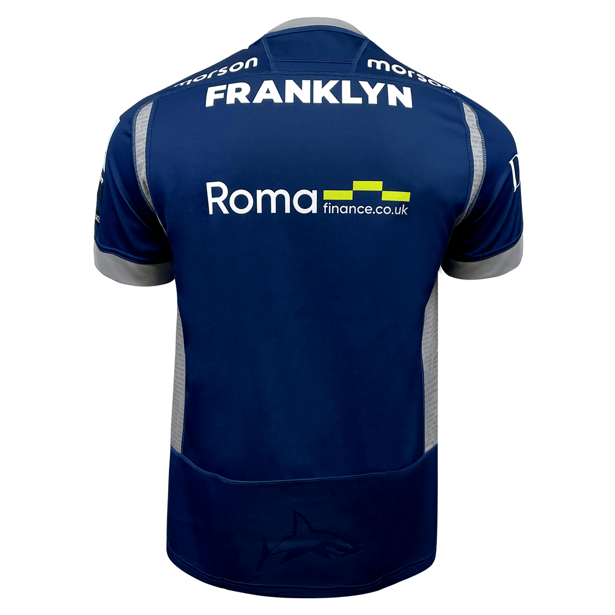 An official Sale Sharks Home Jersey 23/24 by Macron in blue with white text on it.