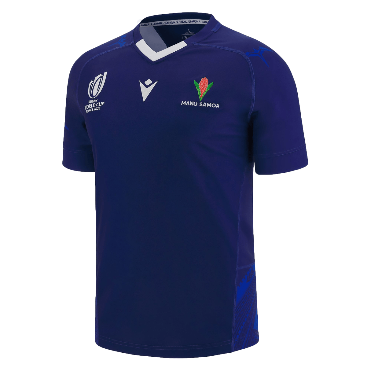 A blue rugby shirt with the Samoa RWC23 Home Jersey by Macron logo on it, perfect for Samoan rugby XV fans.