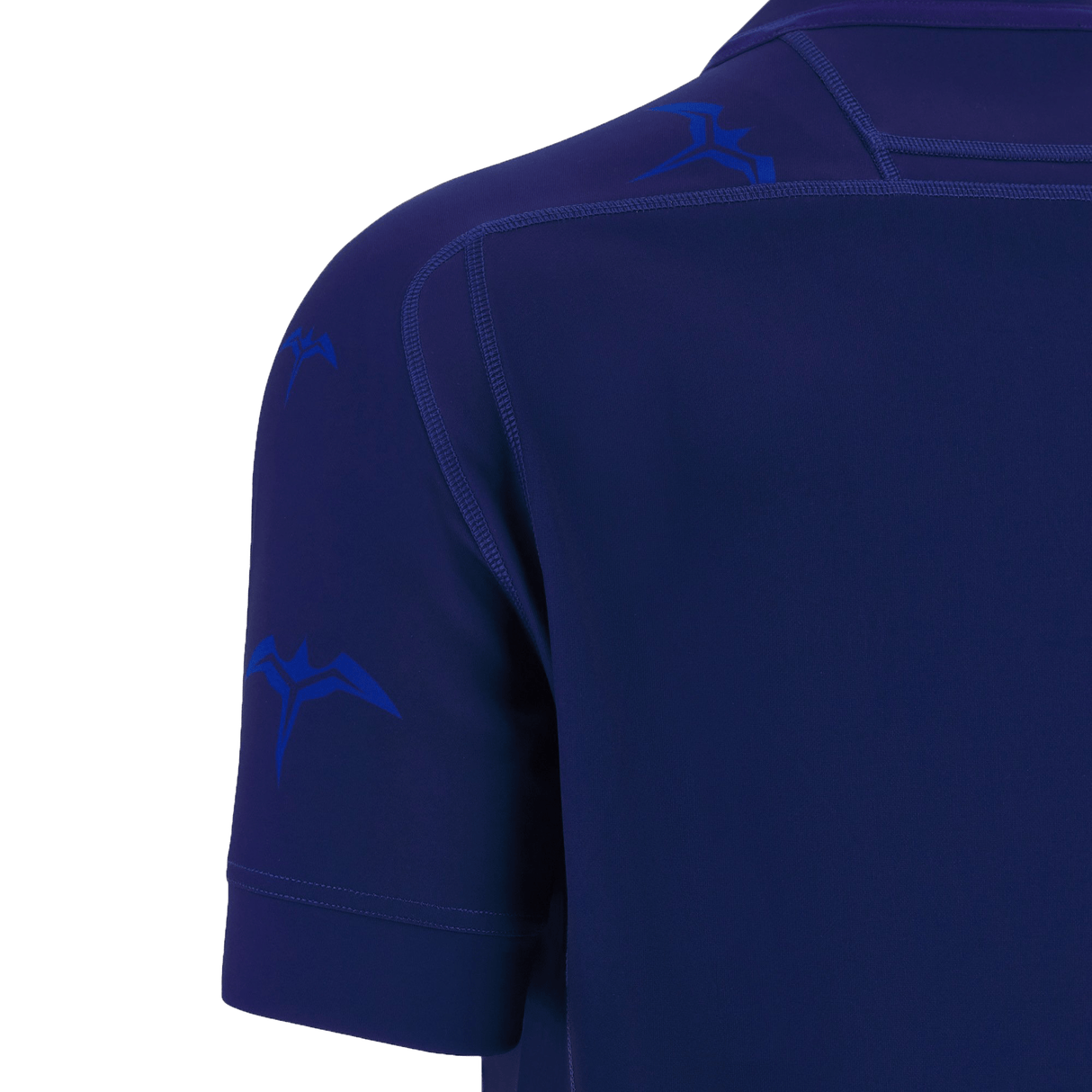The back of a men's blue rugby shirt representing the Samoan rugby XV for the Rugby World Cup 2023, the Macron Samoa RWC23 Home Jersey.