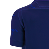 The back of a men's blue rugby shirt representing the Samoan rugby XV for the Rugby World Cup 2023, the Macron Samoa RWC23 Home Jersey.