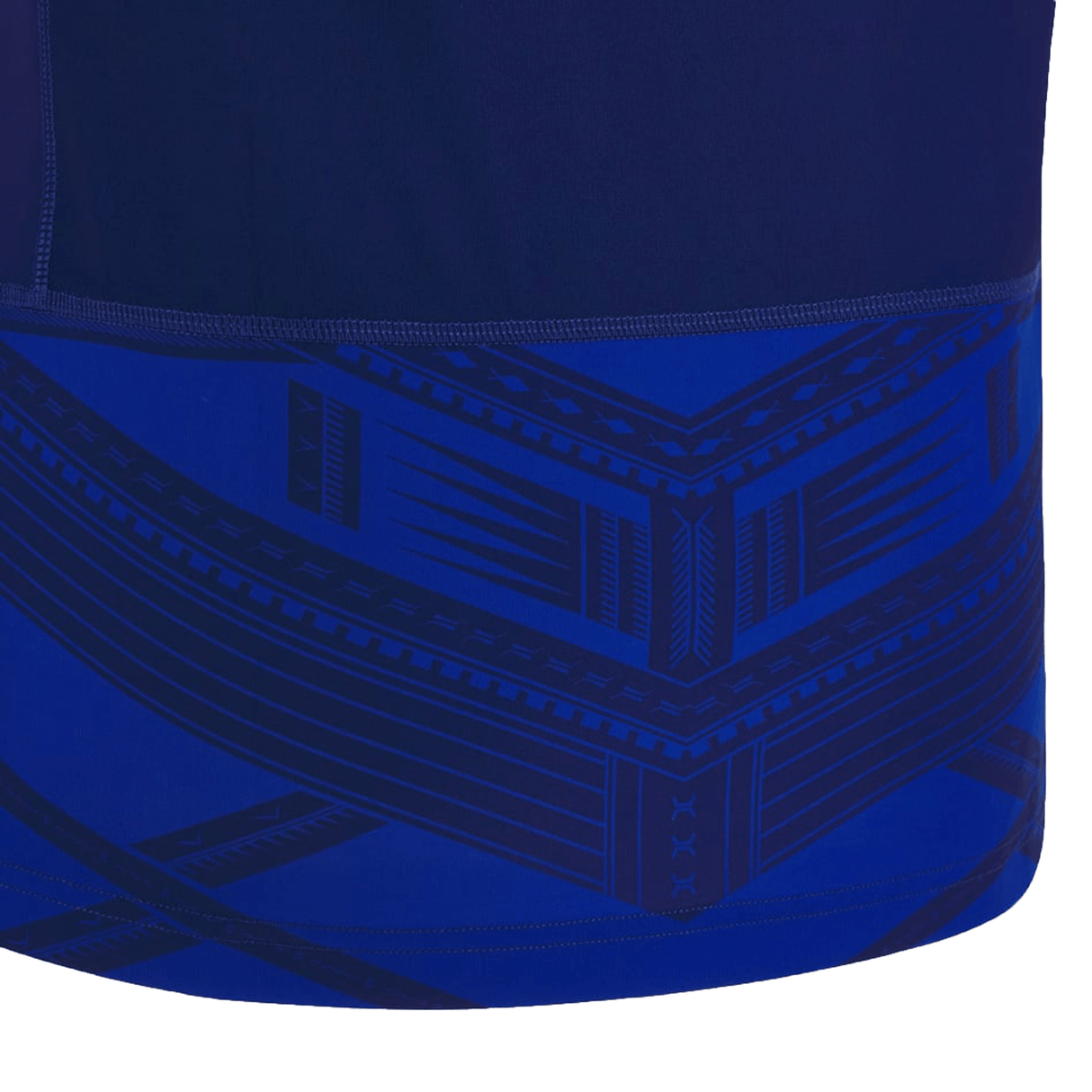 The back of a blue shirt with black and blue designs representing the Samoa RWC23 Home Jersey by Macron for Samoan rugby XV participating in the Rugby World Cup 2023.