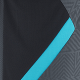 Close-up of the Barbarians Poly Polo 23/24 by Macron, featuring a black design with a blue edge, overlaid on a textured gray background with a geometric pattern.