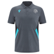 The Barbarians Poly Polo 23/24 by Macron is a gray short-sleeved shirt featuring geometric patterns and teal accents on the sides, with two logos on the front. This lightweight polo is crafted from high-tech fabric by Macron, providing ultimate comfort and performance.