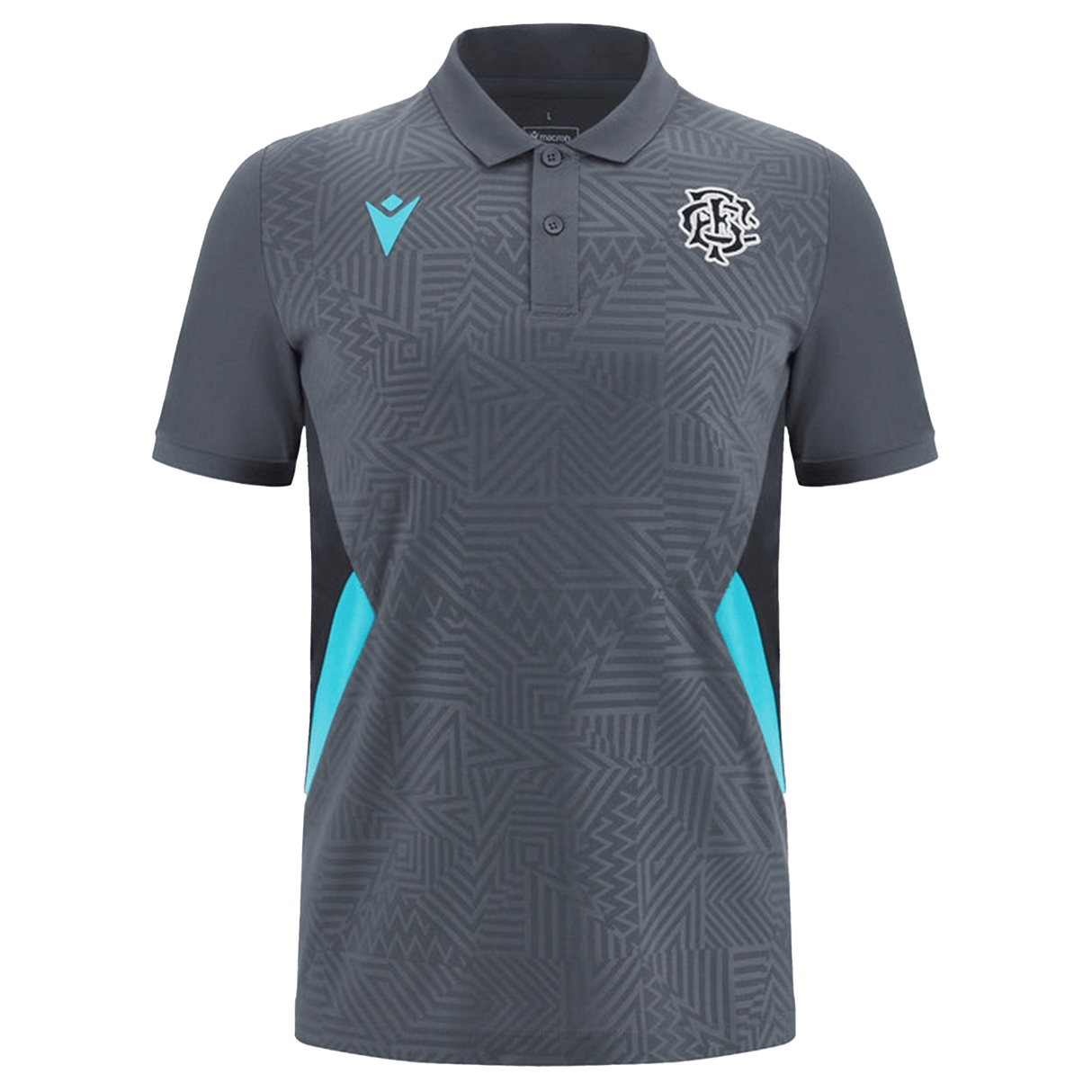 The Barbarians Poly Polo 23/24 by Macron is a gray short-sleeved shirt featuring geometric patterns and teal accents on the sides, with two logos on the front. This lightweight polo is crafted from high-tech fabric by Macron, providing ultimate comfort and performance.