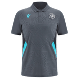 The Barbarians Poly Polo 23/24 by Macron is a gray short-sleeved shirt featuring geometric patterns and teal accents on the sides, with two logos on the front. This lightweight polo is crafted from high-tech fabric by Macron, providing ultimate comfort and performance.