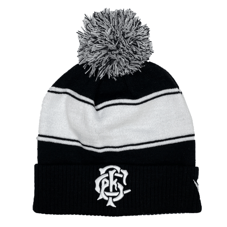 Barbarians 23/24 PomPom Beanie by Macron in black and white, showcasing a stylish pom-pom, embroidered B.F.C. crest, and subtle Macron branding.