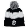 Barbarians 23/24 PomPom Beanie by Macron in black and white, showcasing a stylish pom-pom, embroidered B.F.C. crest, and subtle Macron branding.