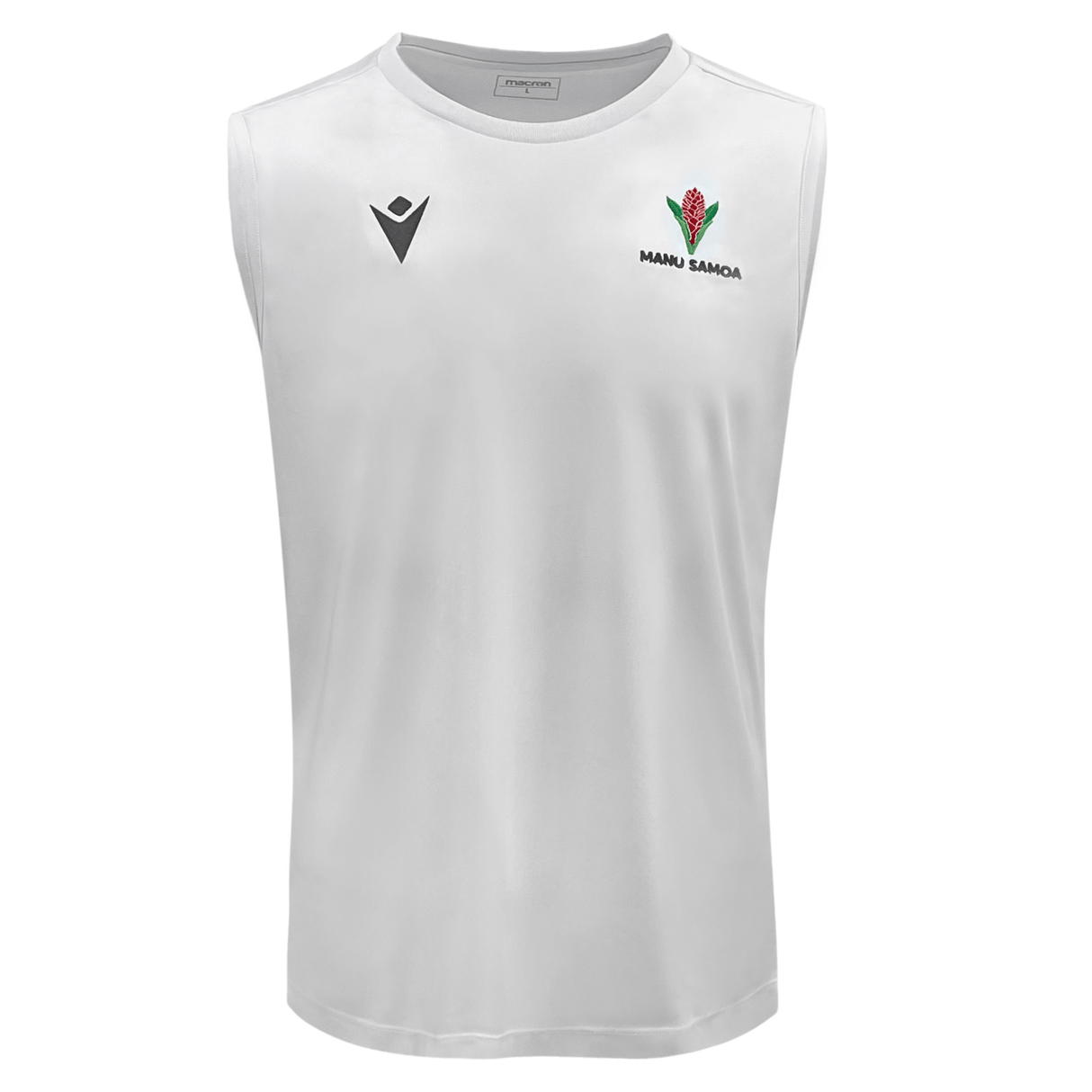 White Samoa Training Singlet 23/24 with a Macron logo on the right chest and the words "manu samoa" with a floral emblem on the left chest.