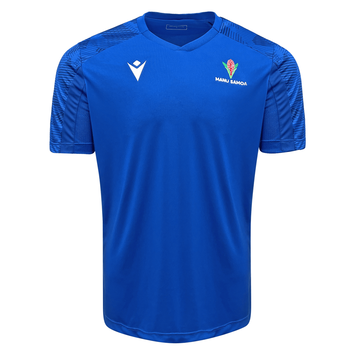 A blue Samoa Training Tee 23/24 by Macron with an embroidered logo on the front.