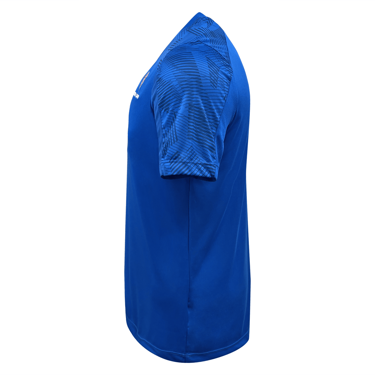 The back view of a men's blue Macron Samoa Training Tee soccer jersey.
