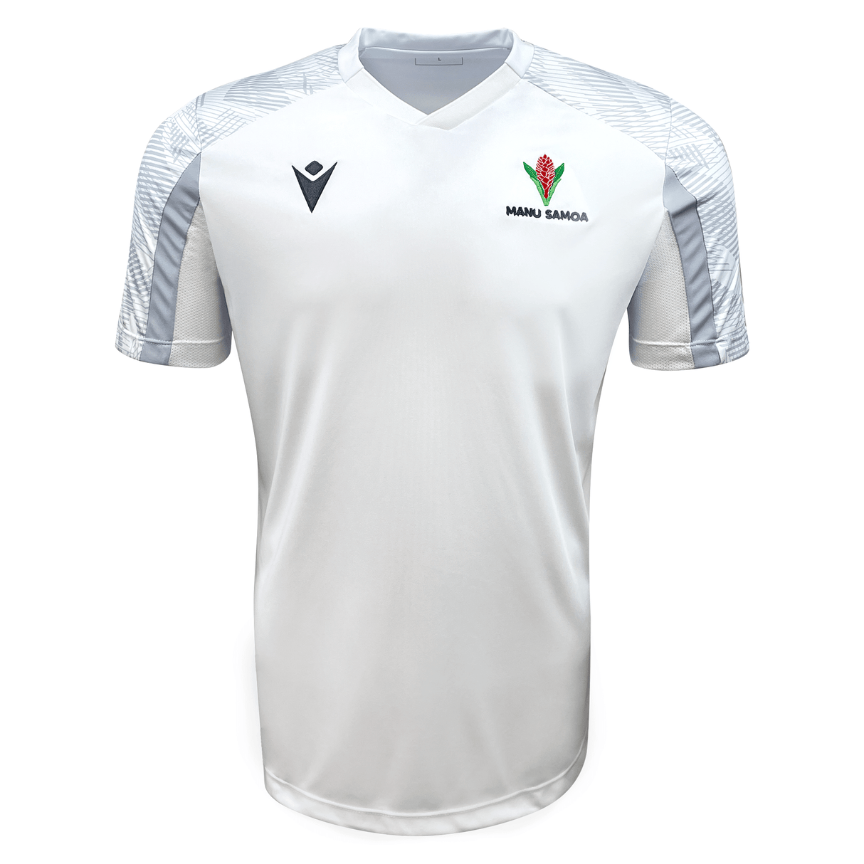 A white Samoa Training Tee 23/24 by Macron with the Wales logo on it.
