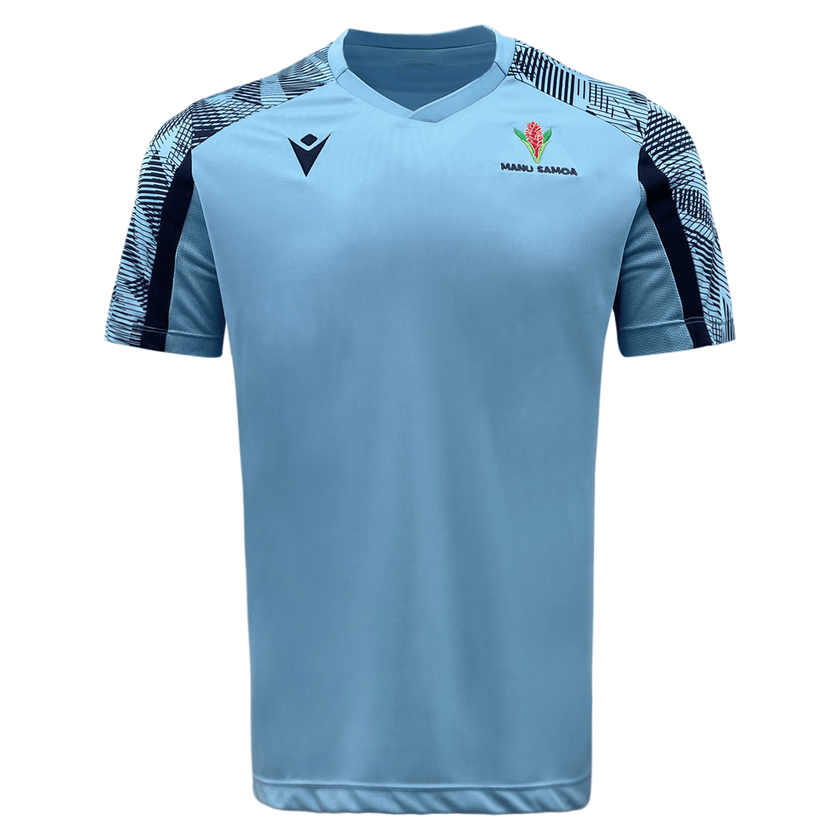 The Samoa Training Tee 23/24 by Macron is a blue soccer shirt featuring a sleek black and blue design.