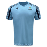 The Samoa Training Tee 23/24 by Macron is a blue soccer shirt featuring a sleek black and blue design.