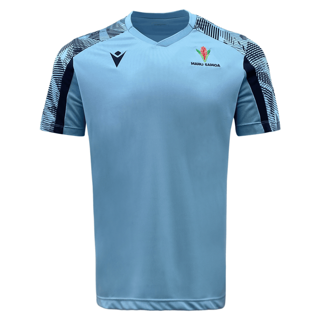 The Samoa Training Tee 23/24 by Macron is a blue soccer shirt featuring a sleek black and blue design.
