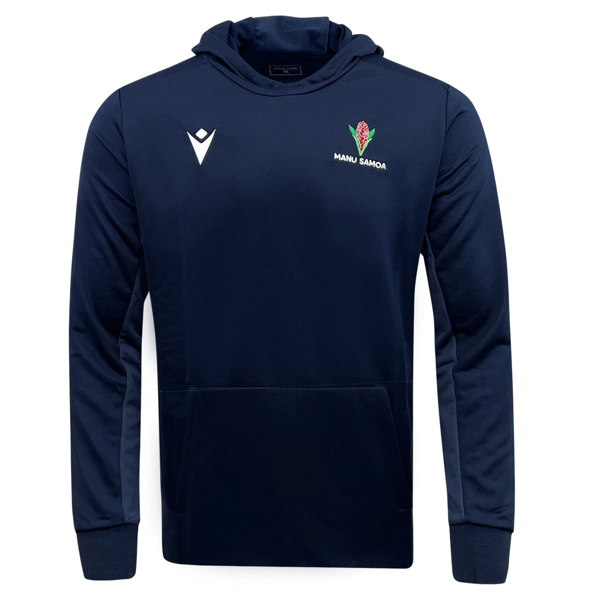 Navy blue lightweight polyester Samoa Travel Hoodie 23/24 with the Manu Samoa team emblem and a Macron sportswear logo.
