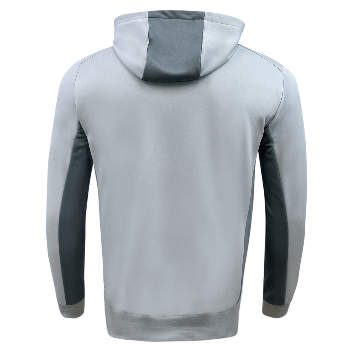The durable and comfortable back view of a men's grey and black Samoa Travel Hoodie 23/24 by Macron.