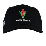 The Samoa Cap 23/24 by Macron features a black design with a red flower and green leaves logo above bold white "MANU SAMOA" text—a must-have for any Samoa Rugby fan.