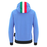 The Italy 25/26 Fleece Supporters Hoodie by Macron is a light blue hoodie seen from the back, with green, white, and red vertical hood stripes and black cuffs and hem—a classic Macron rugby sweatshirt.