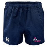 The Girls Rugby Advantage Rugby Shorts by EMB Canterbury feature a navy blue design, elastic waistband, CCC Advantage logo on the left leg, and "girls rugby" logo on the right. Built for comfort and durability on the field.