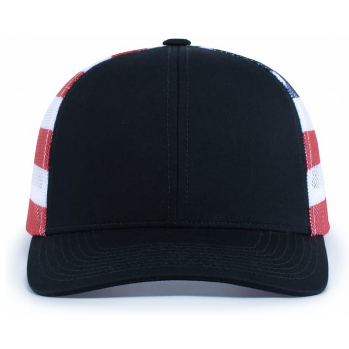 The Augusta Sportswear Printed Flag Trucker Cap features a black front, red and white checkered mesh sides, and a curved brim.