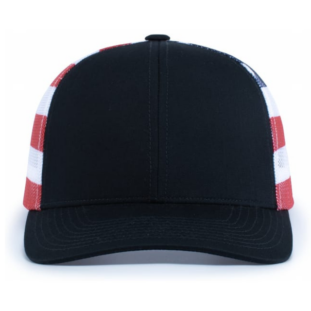 The Augusta Sportswear Printed Flag Trucker Cap features a black front, red and white checkered mesh sides, and a curved brim.