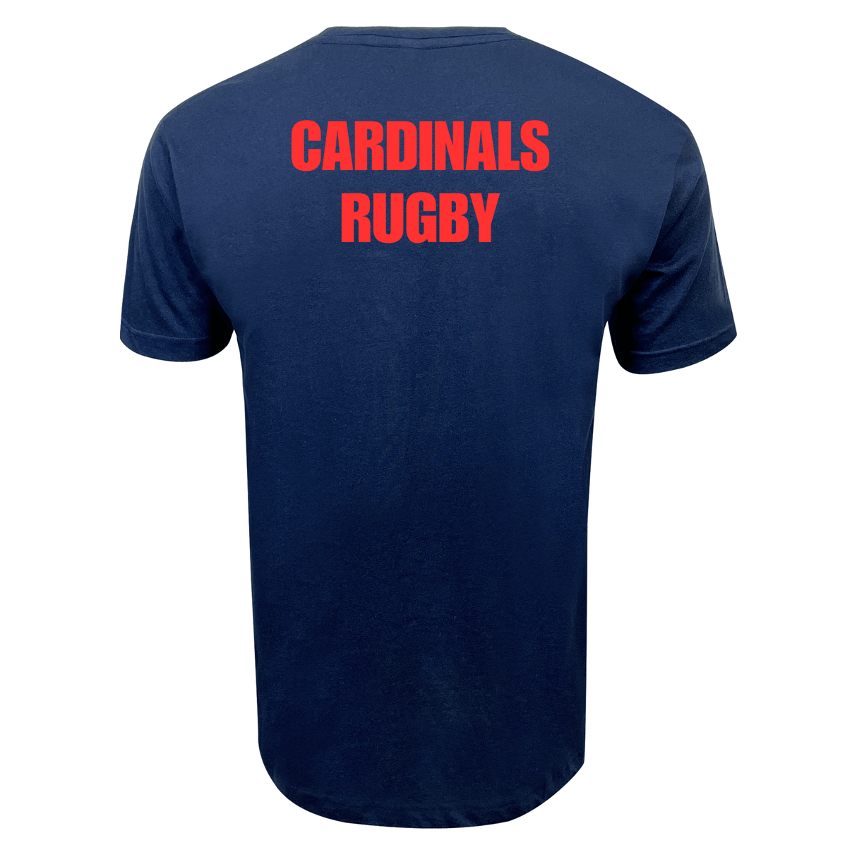 Navy blue cotton fabric Charlotte Cardinals House Silverbacks Supersoft Tee with 'cardinals rugby' text on the back in red by WRS LAT.