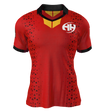 The Clarksville Headhunters Gilbert Match Jersey by Custom GIL AXI features a red design with black collar and sleeves, black triangle pattern, yellow neck detail, and a white "HH" logo on the left chest.