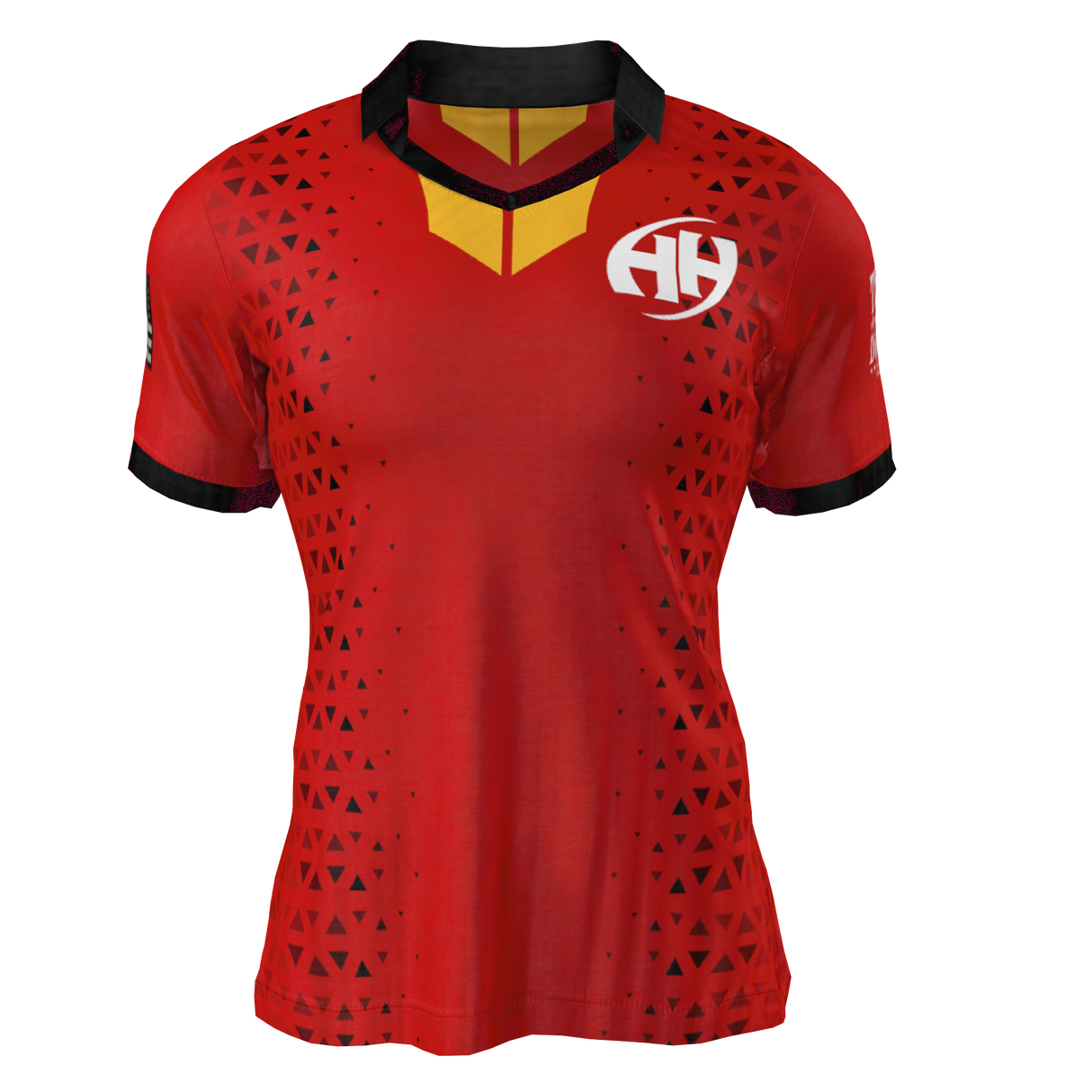 The Clarksville Headhunters Gilbert Match Jersey by Custom GIL AXI features a red design with black collar and sleeves, black triangle pattern, yellow neck detail, and a white "HH" logo on the left chest.