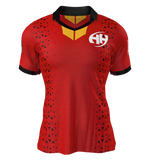 The Clarksville Headhunters Gilbert Match Jersey by Custom GIL AXI features a red design with black collar and sleeves, black triangle pattern, yellow neck detail, and a white "HH" logo on the left chest.