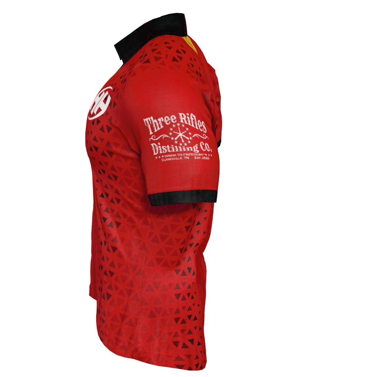 Custom GIL AXI Clarksville Headhunters Gilbert Match Jersey: red short-sleeve sports jersey with black collar, geometric pattern, and "Three Rifles Distilling Co." logo on the sleeve.