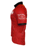 Custom GIL AXI Clarksville Headhunters Gilbert Match Jersey: red short-sleeve sports jersey with black collar, geometric pattern, and "Three Rifles Distilling Co." logo on the sleeve.