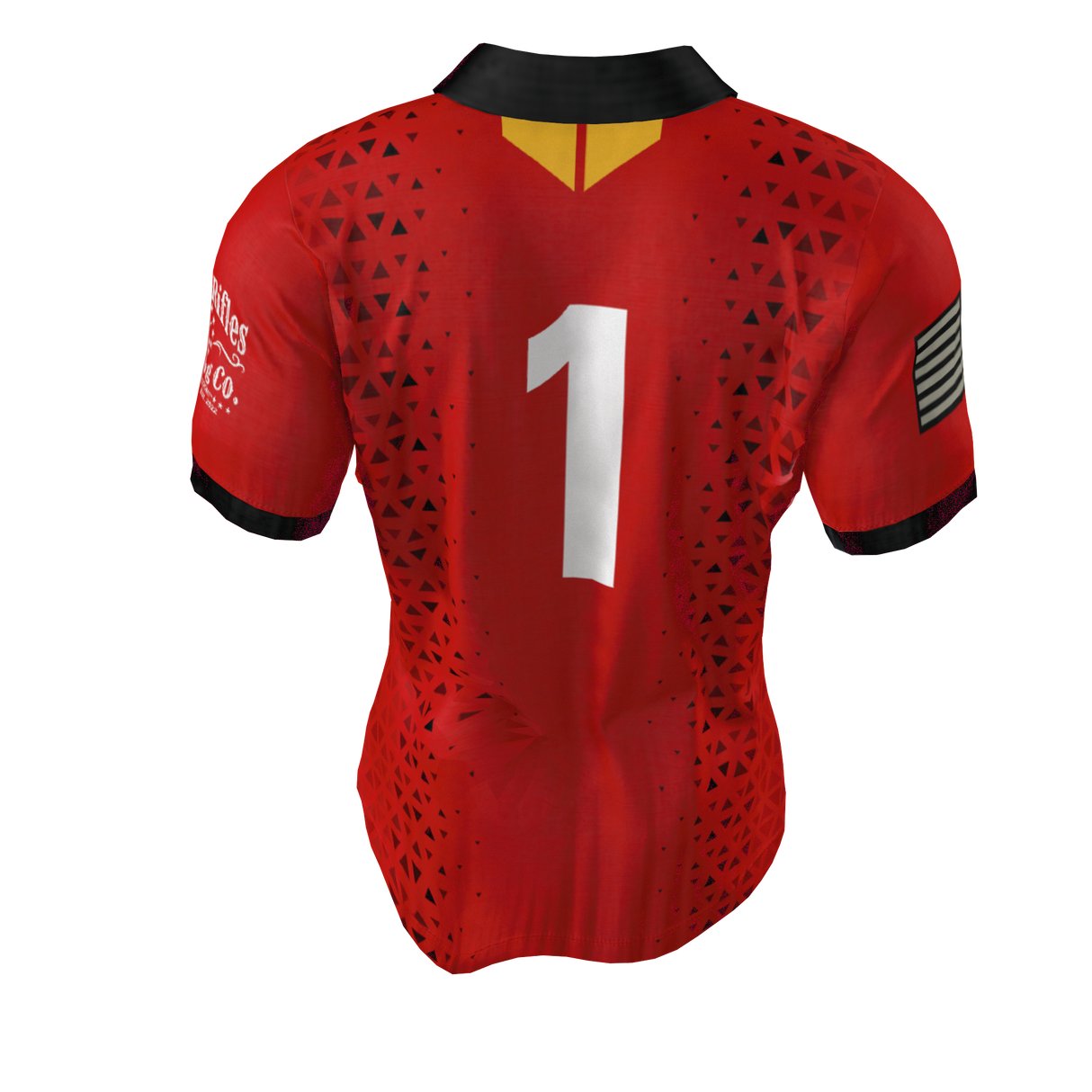 The Clarksville Headhunters Gilbert Match Jersey by Custom GIL AXI is a red sports jersey featuring a black collar, black and yellow accents, geometric patterns, and the number 1 on the back.