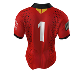 The Clarksville Headhunters Gilbert Match Jersey by Custom GIL AXI is a red sports jersey featuring a black collar, black and yellow accents, geometric patterns, and the number 1 on the back.