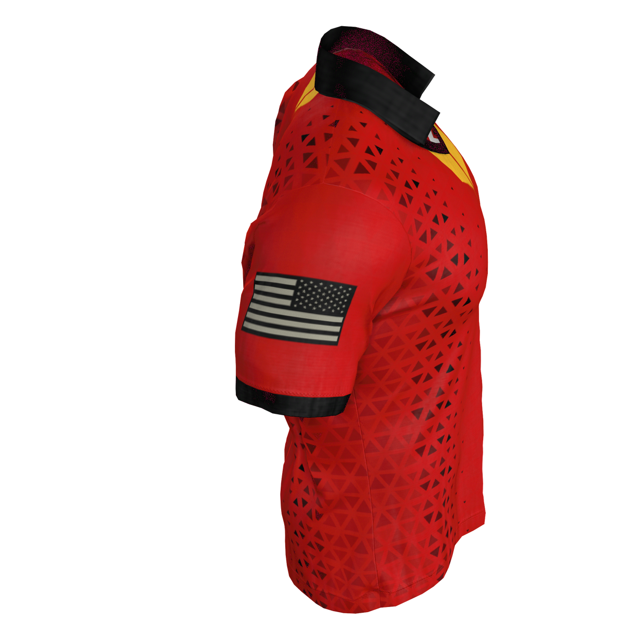 The Clarksville Headhunters Gilbert Match Jersey by Custom GIL AXI features red short sleeves, a black geometric pattern, black collar and trim, and a black-and-white American flag patch on the right sleeve.