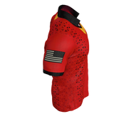 The Clarksville Headhunters Gilbert Match Jersey by Custom GIL AXI features red short sleeves, a black geometric pattern, black collar and trim, and a black-and-white American flag patch on the right sleeve.
