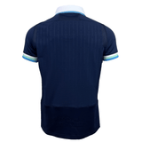 Back view of the Scotland Authentic Home Jersey 24/25 by Macron, showcasing its short sleeves in dark blue with white and light blue trim on the cuffs and collar.