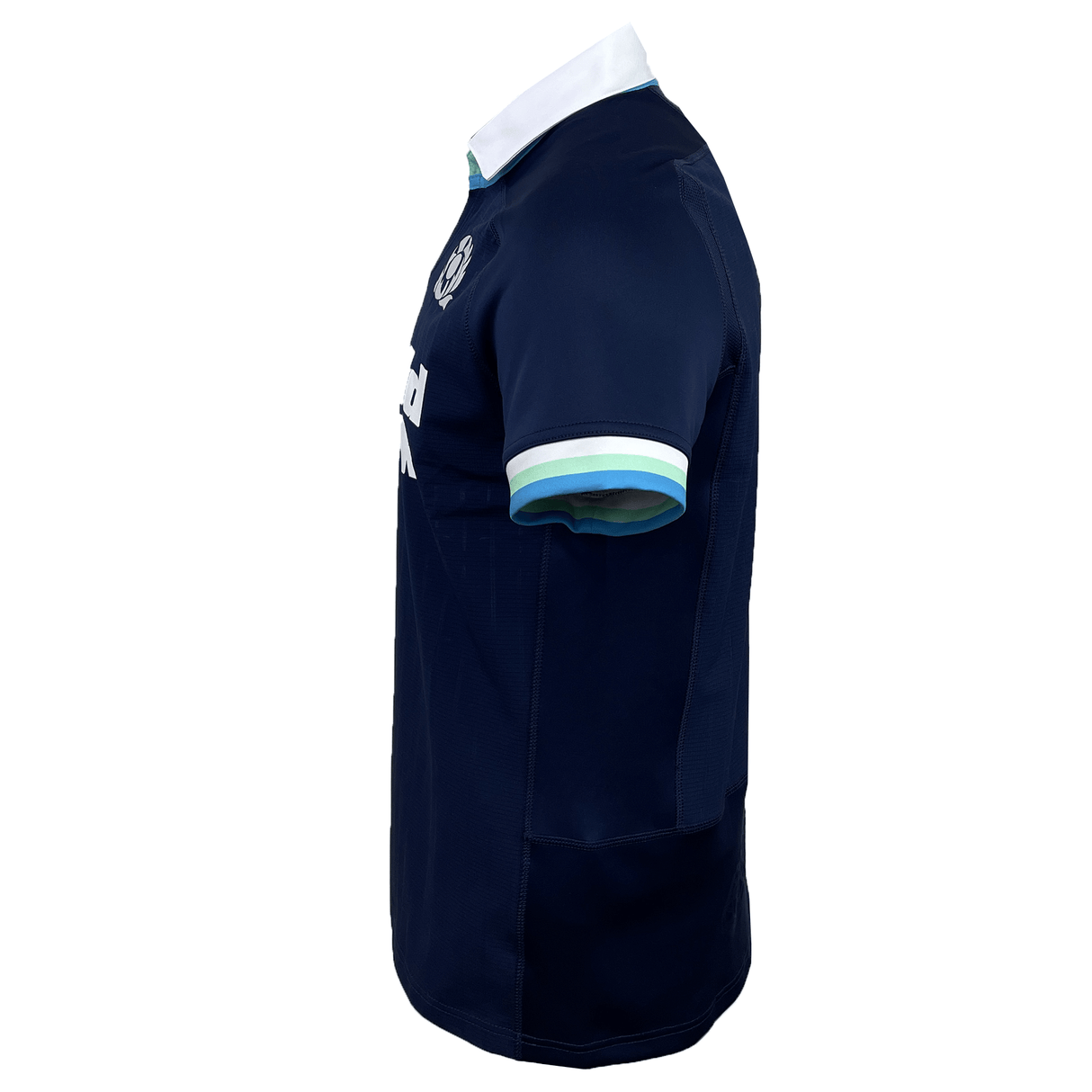 Side view of the Scotland Authentic Home Jersey 24/25 by Macron, showcasing a navy blue sports jersey with white collar and cuffs, complemented by a logo and white text on the front.