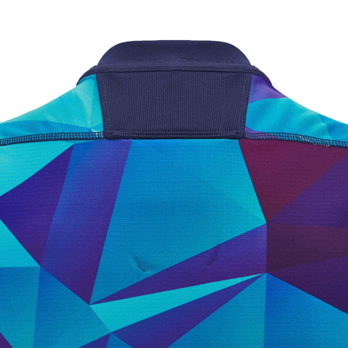 Close-up view of a shirt collar featuring a geometric pattern in shades of blue, purple, and turquoise with a solid navy band around the neckline, reminiscent of the iconic design seen on the Scotland Blue Training Jersey 24/25 by Macron.