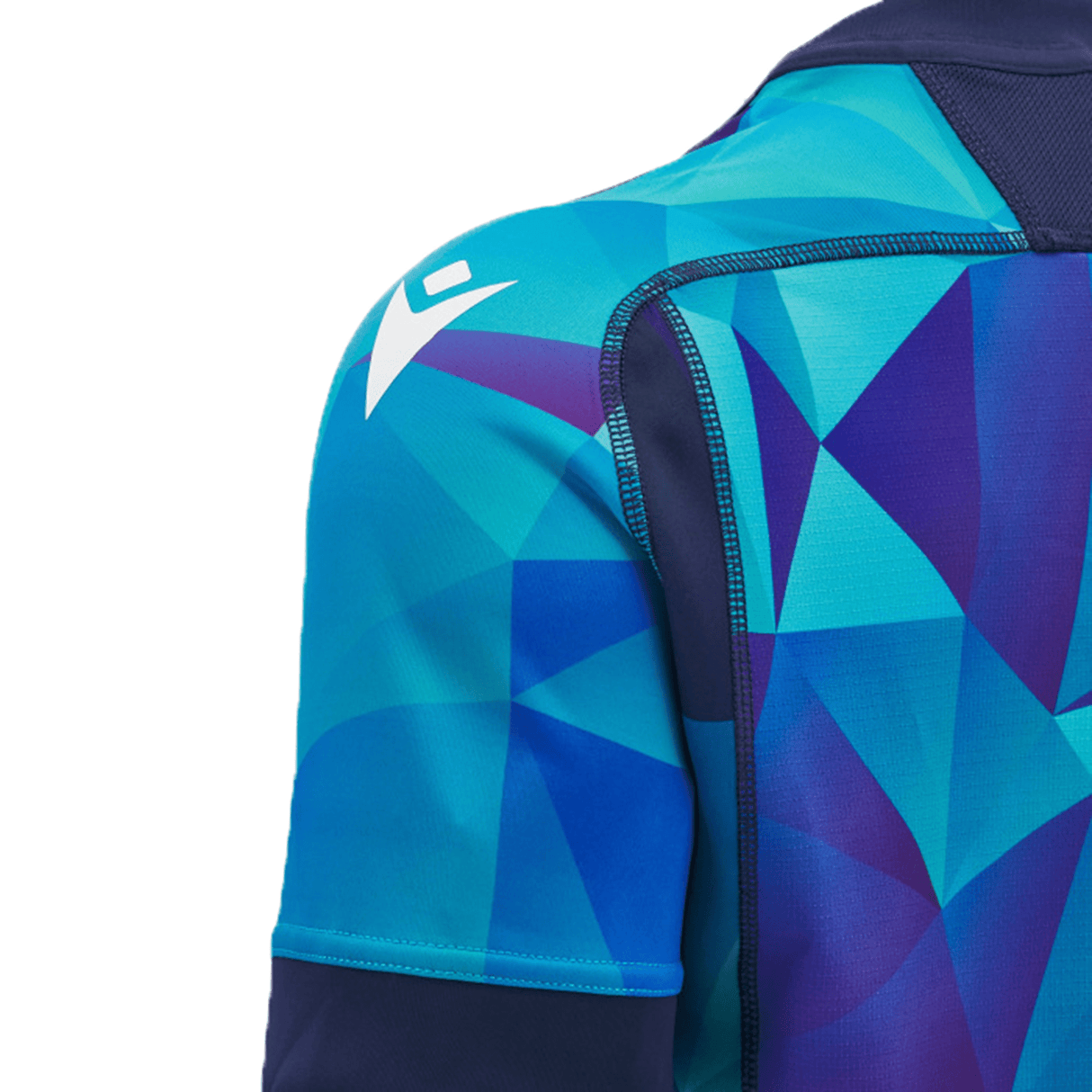 Close-up of the Scotland Blue Training Jersey 24/25 by Macron, showcasing a blue and teal geometric pattern with eco-mesh inserts and a white Macron logo on the shoulder.
