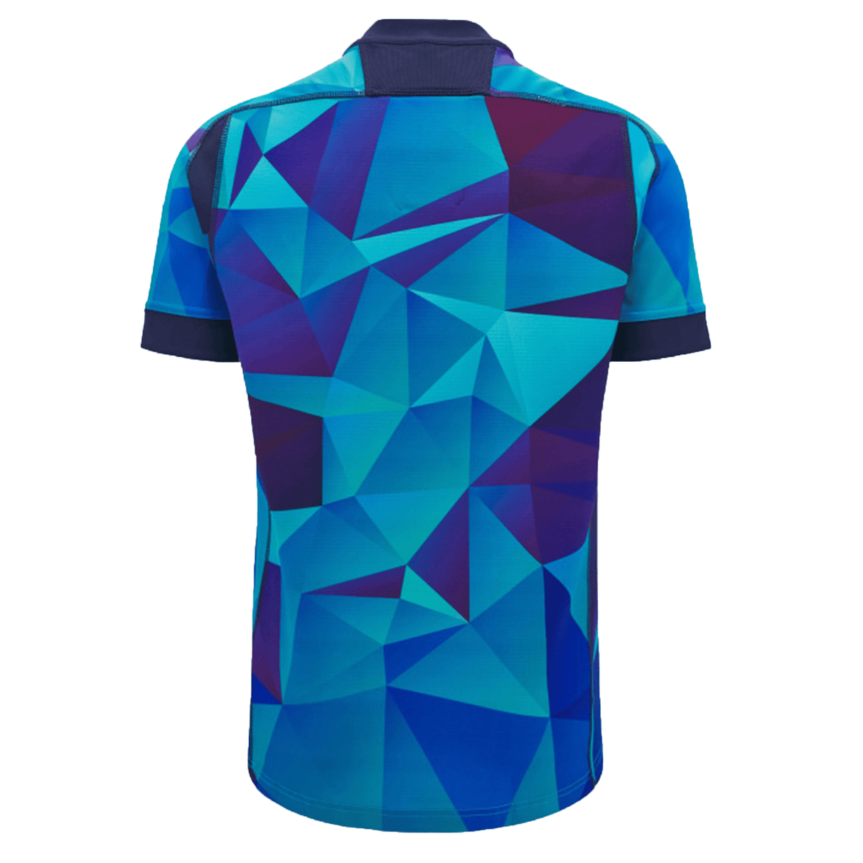 Back view of the Scotland Blue Training Jersey 24/25 by Macron, showcasing a geometric blue and purple design with a dark blue collar and sleeve cuffs.