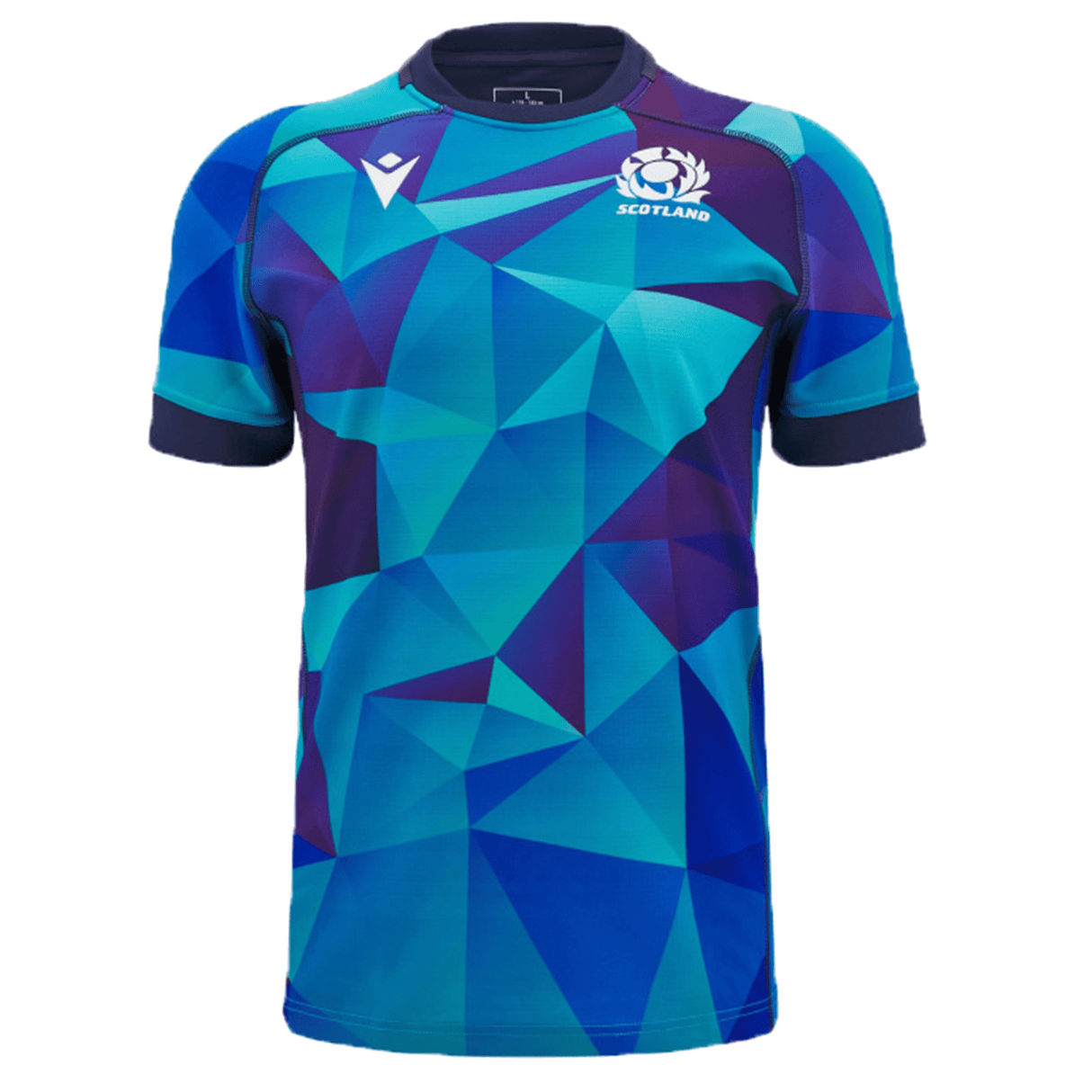 A Scotland Blue Training Jersey 24/25 by Macron, featuring a blue and teal geometric pattern with the Scotland logo on the left chest and a white Macron logo on the right chest.