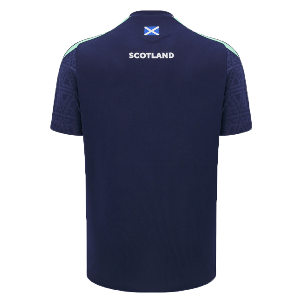 Back view of the Scotland Training Shirt 24/25 by Macron in dark blue, featuring "SCOTLAND" and the Scottish flag printed at the top, with breathable mesh inserts for added comfort.