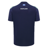 Back view of the Scotland Training Shirt 24/25 by Macron in dark blue, featuring "SCOTLAND" and the Scottish flag printed at the top, with breathable mesh inserts for added comfort.