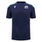 The Scotland Training Shirt 24/25 by Macron is a navy-blue rugby shirt featuring mint green accents on the shoulders, breathable mesh inserts for optimal ventilation, the Scotland Rugby logo on the left chest, and the Macron logo on the right chest.