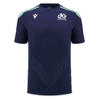 The Scotland Training Shirt 24/25 by Macron is a navy-blue rugby shirt featuring mint green accents on the shoulders, breathable mesh inserts for optimal ventilation, the Scotland Rugby logo on the left chest, and the Macron logo on the right chest.