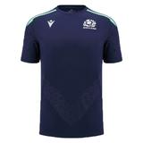The Scotland Training Shirt 24/25 by Macron is a navy-blue rugby shirt featuring mint green accents on the shoulders, breathable mesh inserts for optimal ventilation, the Scotland Rugby logo on the left chest, and the Macron logo on the right chest.