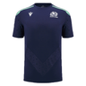 The Scotland Training Shirt 24/25 by Macron is a navy-blue rugby shirt featuring mint green accents on the shoulders, breathable mesh inserts for optimal ventilation, the Scotland Rugby logo on the left chest, and the Macron logo on the right chest.