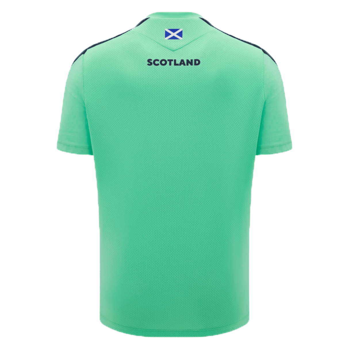 The Scotland Training Shirt 24/25 by Macron is a mint green sports jersey with black accents, featuring "Scotland" below a small Scottish flag on the upper back. Designed by Macron, this Scotland Rugby Union training shirt uses breathable mesh for optimal comfort.